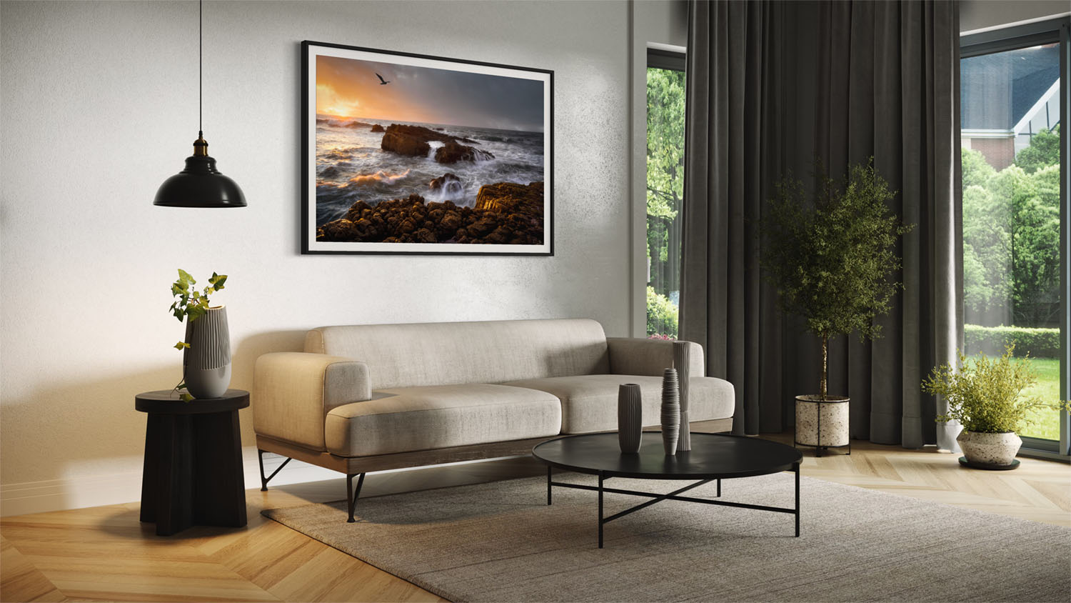 A framed fine art photograph of a beach sunset hangs on a wall above a couch in a mid-century modern styled living room.