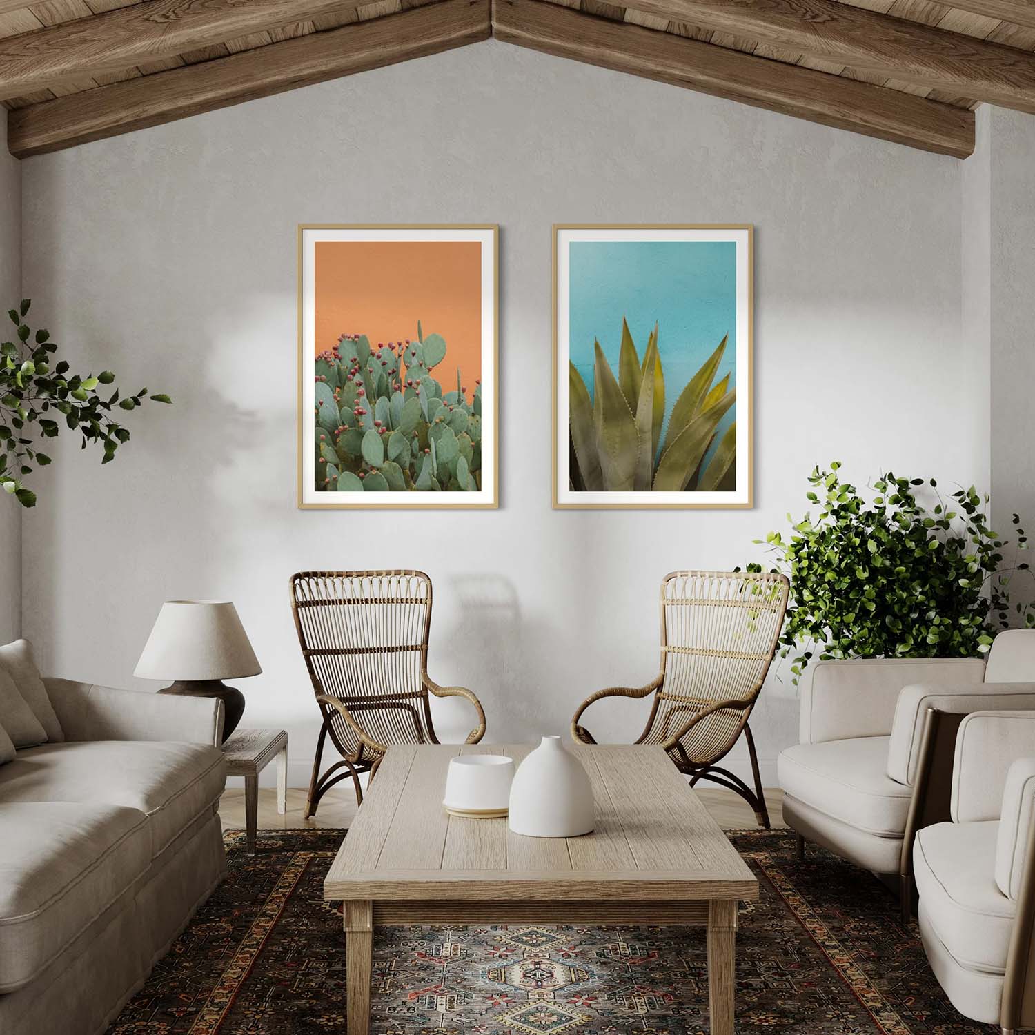 Diptych photographs of desert cactus hanging on a wall in a mid-century modern living room.