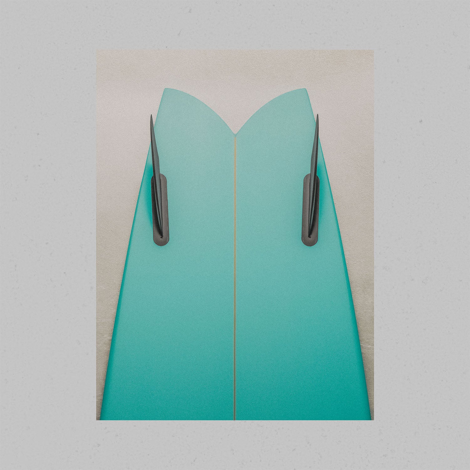 Fine art photography print featuring a green surfboard leaning against a cream textured wall.