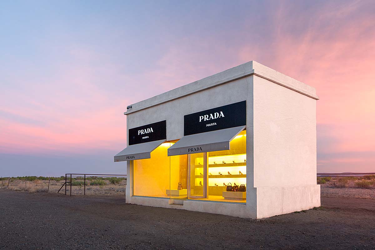 The fake Prada Marfa storefront at sunset outside of Marfa, Texas.