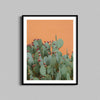 A photography print of a prickly pear cactus against a textured orange wall framed with a black wooden frame.